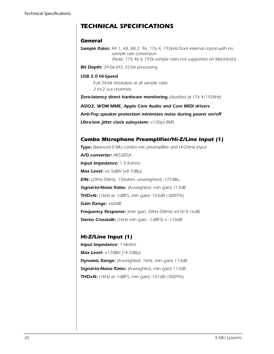 Technical specifications | Creative Labs Creative E-MU 202 User Manual | Page 20 / 25