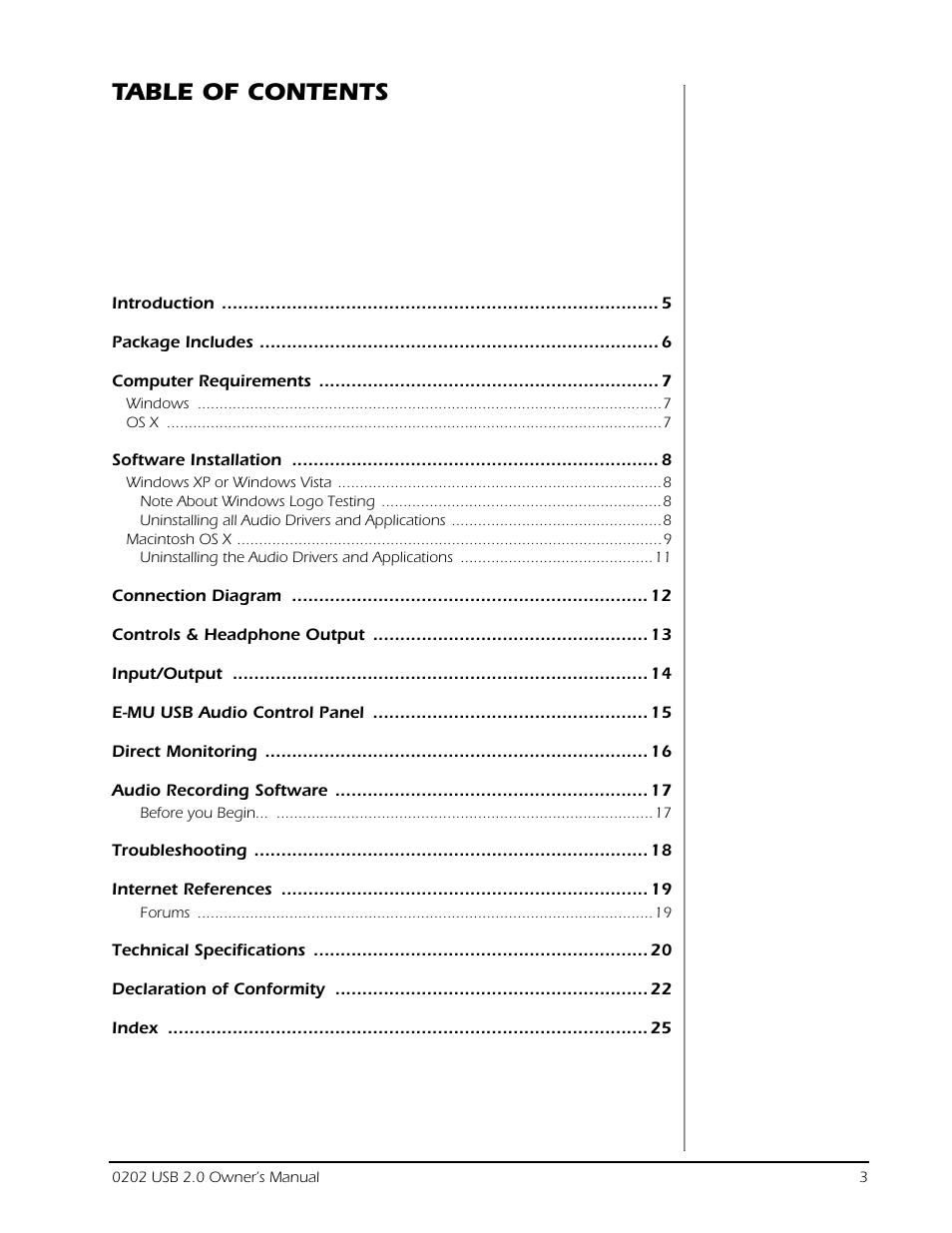 T able of contents | Creative Labs Creative E-MU 202 User Manual | Page 3 / 25