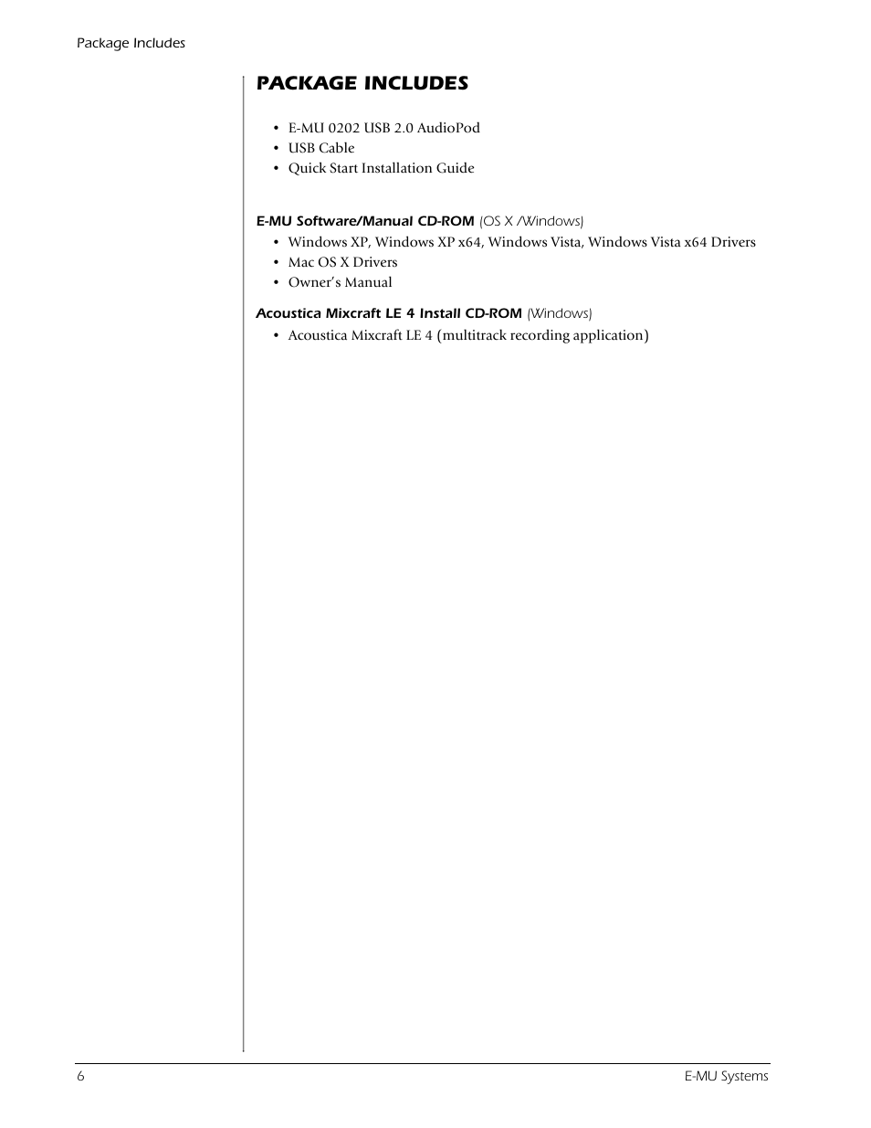 Package includes | Creative Labs Creative E-MU 202 User Manual | Page 6 / 25
