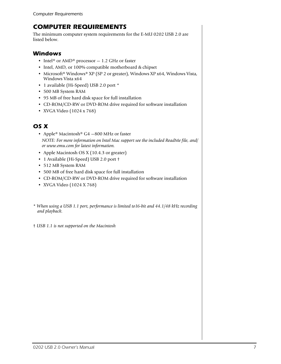 Computer requirements, Windows, Os x | Windows os x | Creative Labs Creative E-MU 202 User Manual | Page 7 / 25