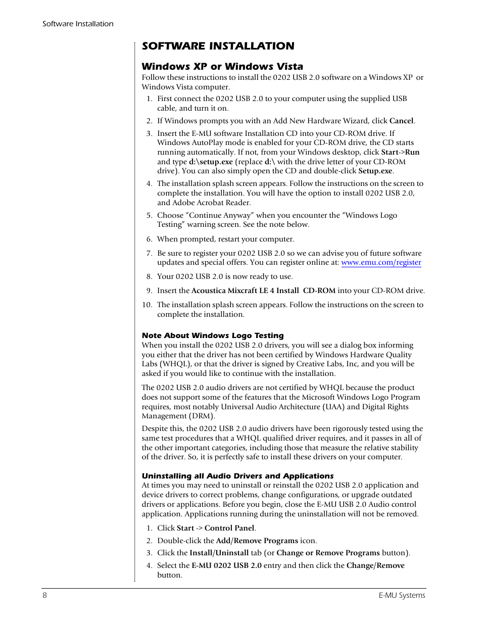 Software installation, Windows xp or windows vista, Note about windows logo testing | Uninstalling all audio drivers and applications | Creative Labs Creative E-MU 202 User Manual | Page 8 / 25