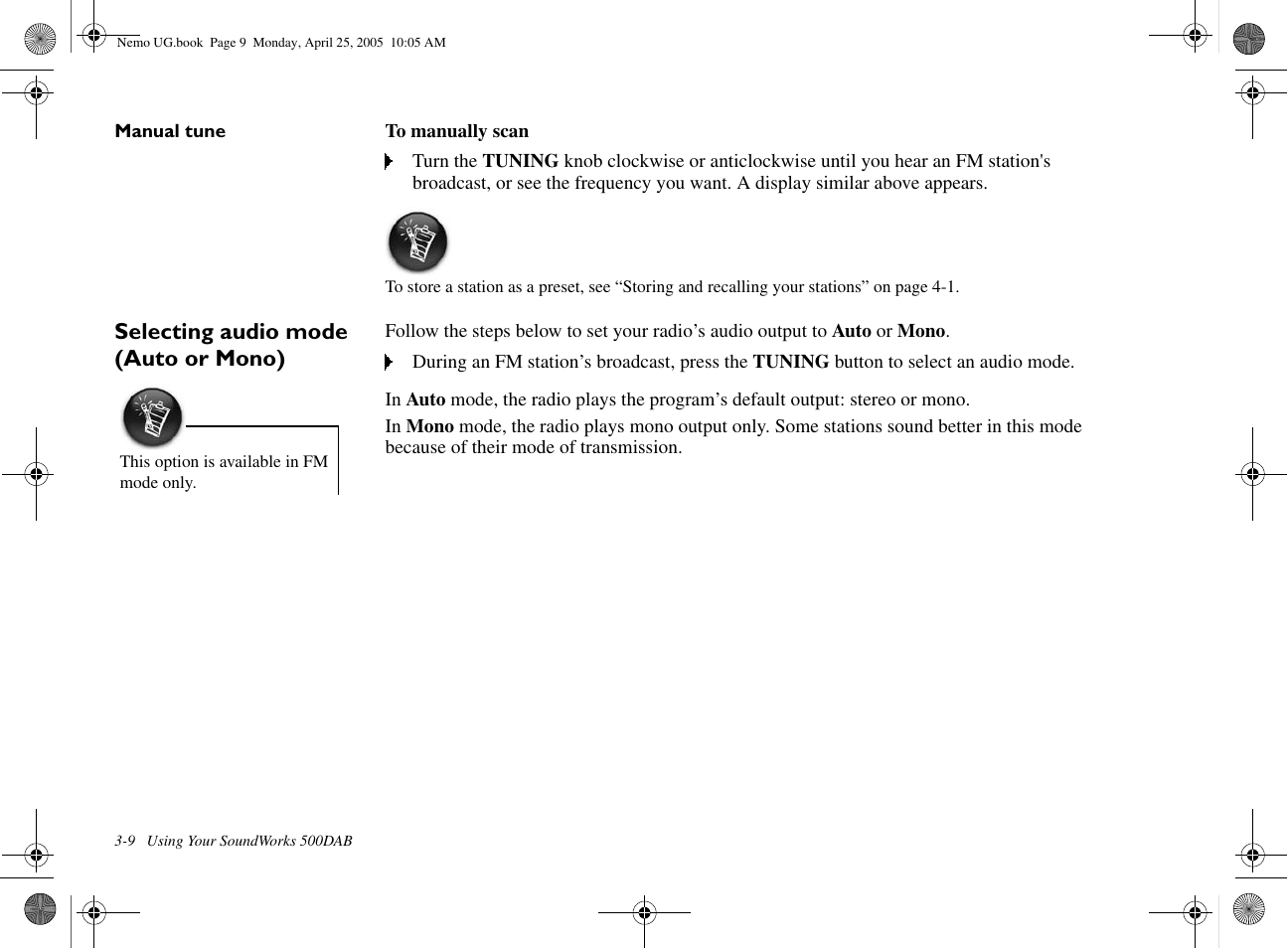 Selecting audio mode (auto or mono) | Creative Labs Creative Soundworks 500DAB User Manual | Page 16 / 28