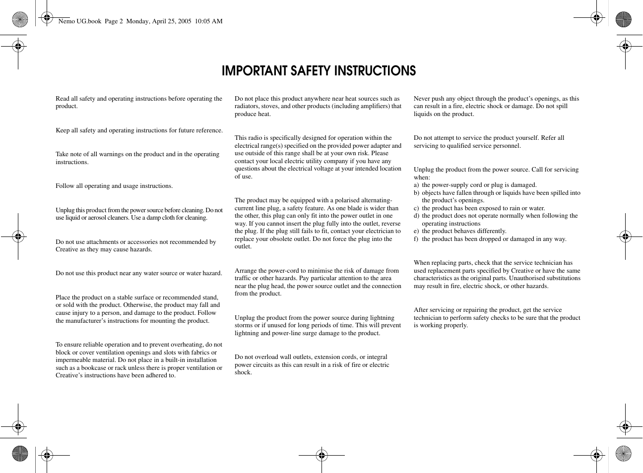 Important safety instructions, Read instructions, Retain instructions | Heed warnings, Follow instructions, Cleaning, Attachments, Water and moisture, Placement, Ventilation | Creative Labs Creative Soundworks 500DAB User Manual | Page 2 / 28