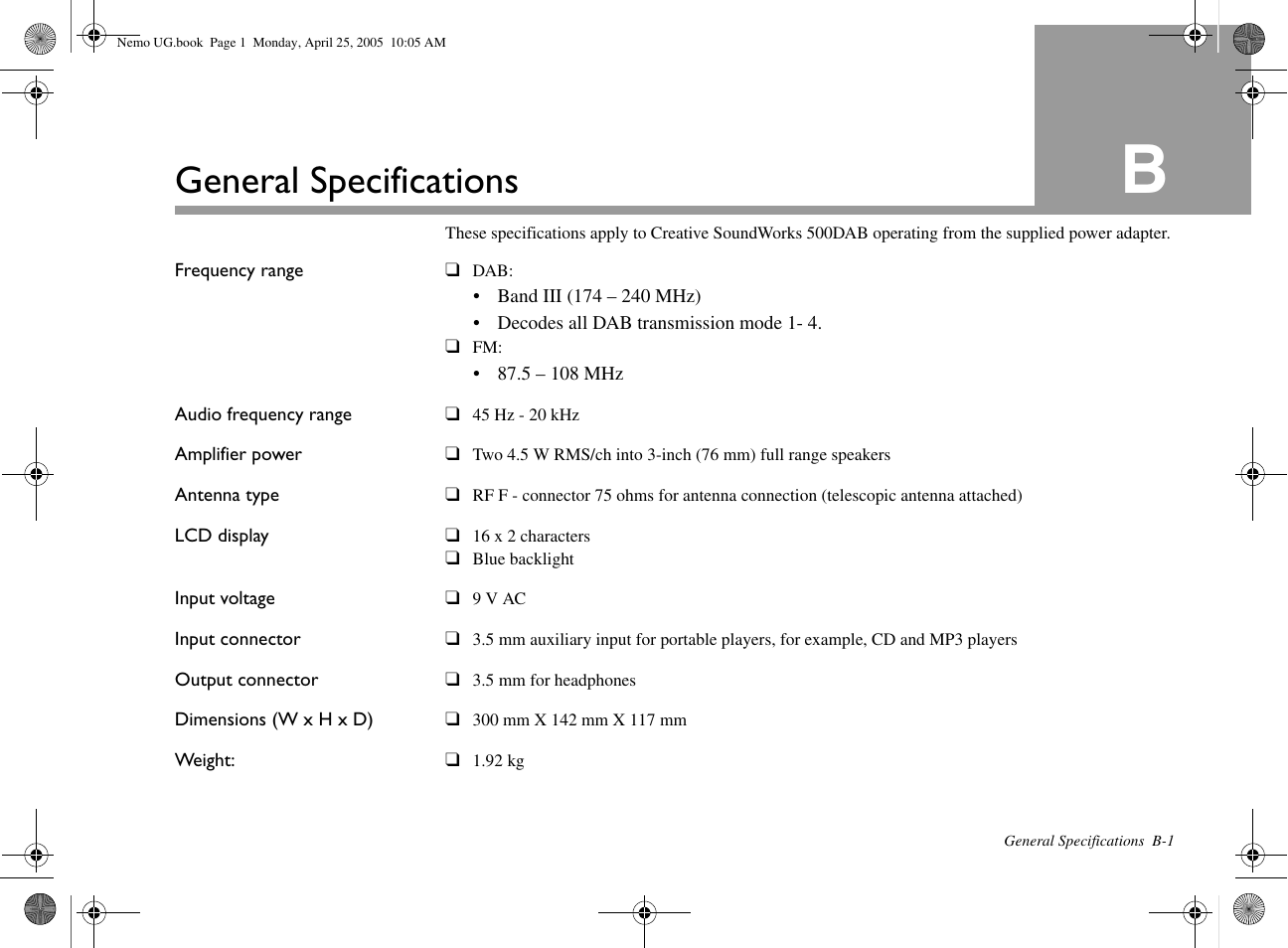 General specifications | Creative Labs Creative Soundworks 500DAB User Manual | Page 25 / 28