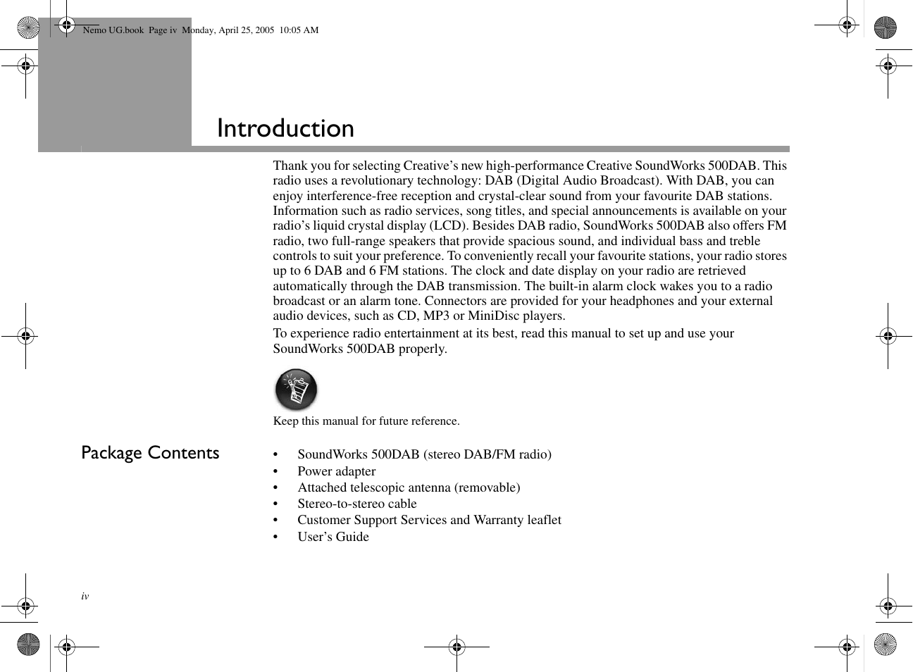 Introduction, Package contents | Creative Labs Creative Soundworks 500DAB User Manual | Page 4 / 28