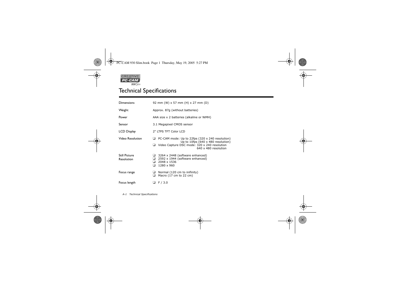 Technical specifications | Creative Labs Creative PC-CAM 930 Slim 02VF016000000 User Manual | Page 45 / 47