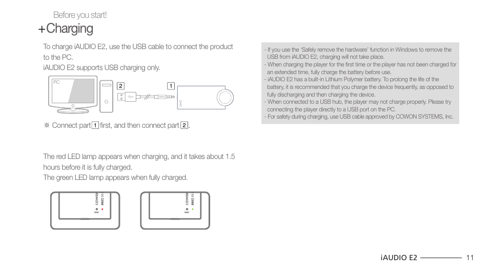 Charging | Cowon Systems IAUDIO E2 User Manual | Page 11 / 25