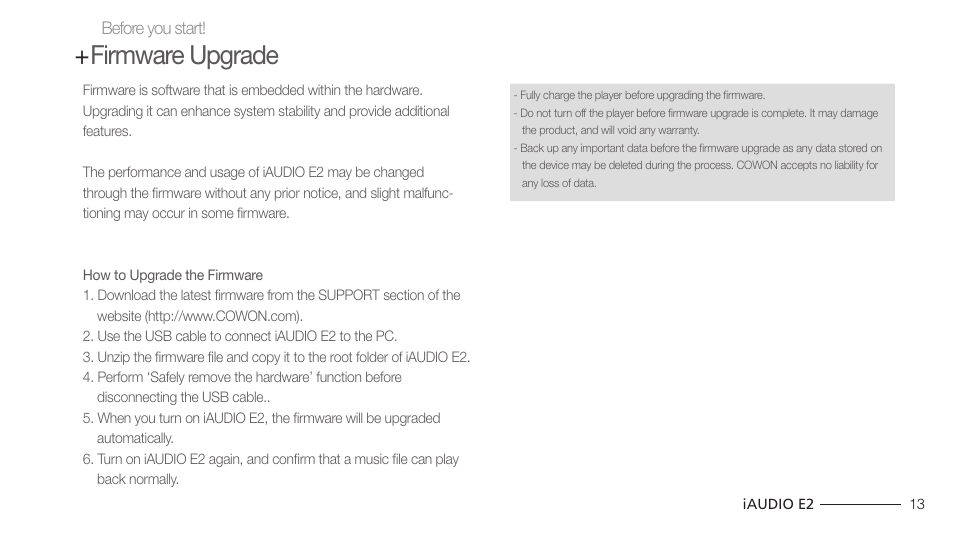 Firmware upgrade | Cowon Systems IAUDIO E2 User Manual | Page 13 / 25