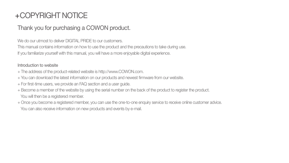 Copyright notice | Cowon Systems IAUDIO E2 User Manual | Page 2 / 25