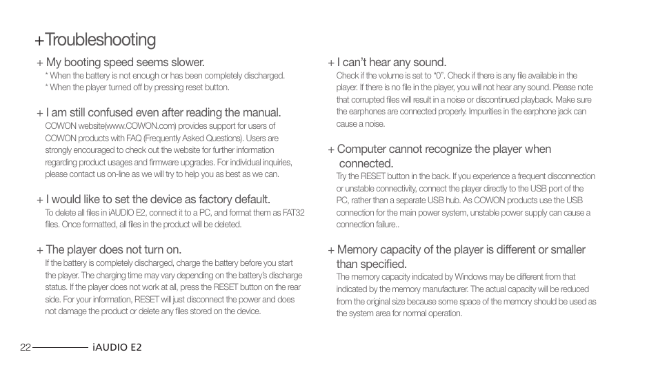 Troubleshooting | Cowon Systems IAUDIO E2 User Manual | Page 22 / 25