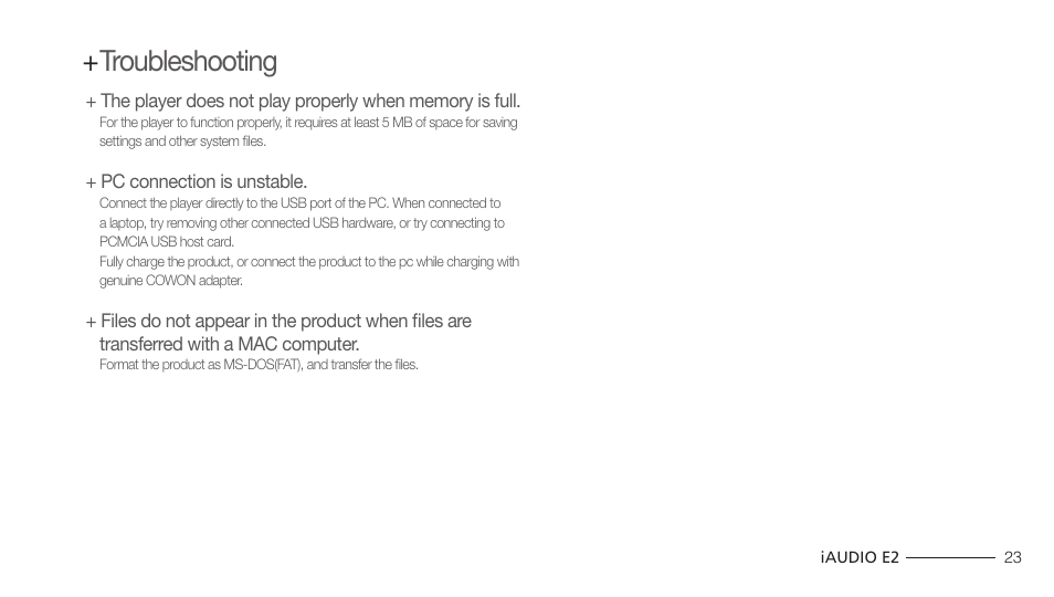 Troubleshooting | Cowon Systems IAUDIO E2 User Manual | Page 23 / 25