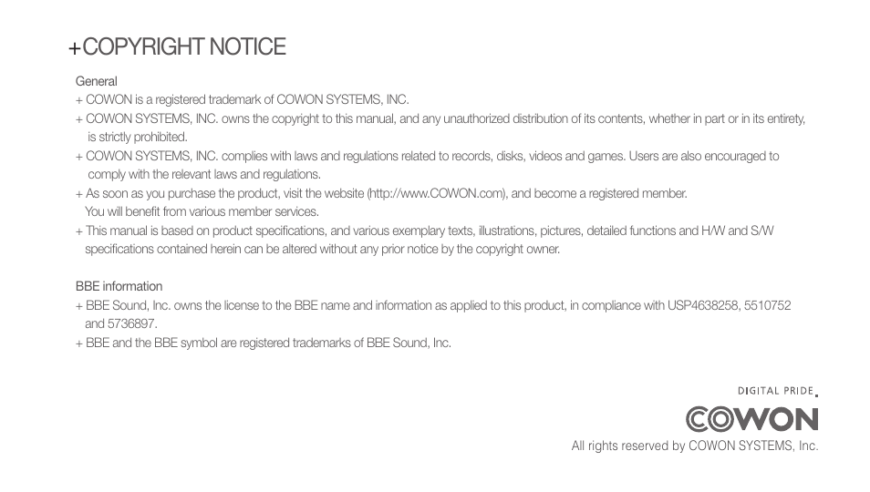 Copyright notice | Cowon Systems IAUDIO E2 User Manual | Page 3 / 25