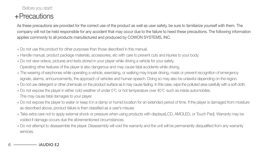 Precautions | Cowon Systems IAUDIO E2 User Manual | Page 6 / 25