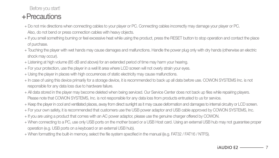 Precautions | Cowon Systems IAUDIO E2 User Manual | Page 7 / 25