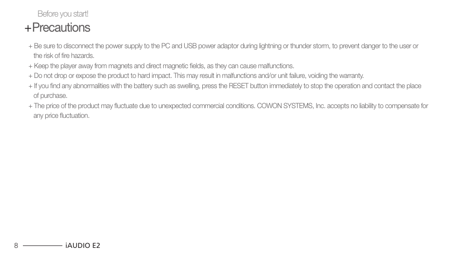 Precautions | Cowon Systems IAUDIO E2 User Manual | Page 8 / 25