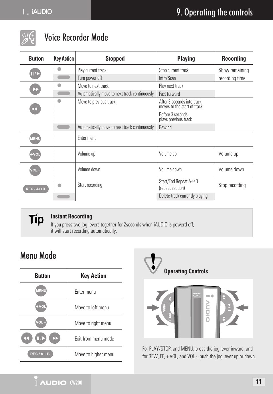 Operating the controls voice recorder mode, Menu mode | Cowon Systems CW200 User Manual | Page 11 / 44