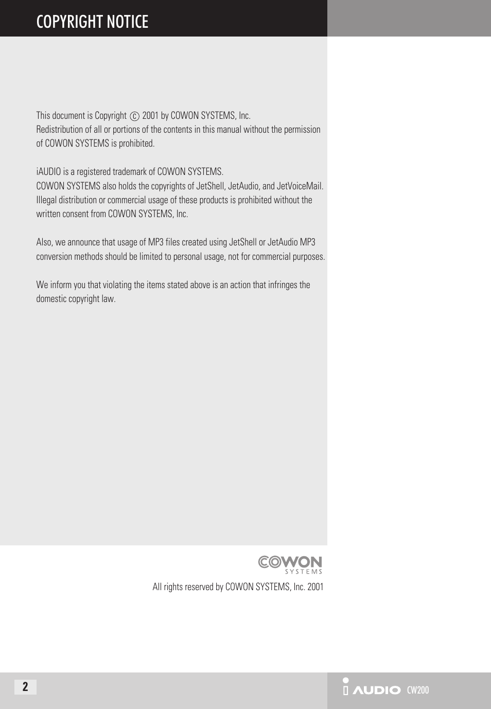Copyright notice | Cowon Systems CW200 User Manual | Page 2 / 44