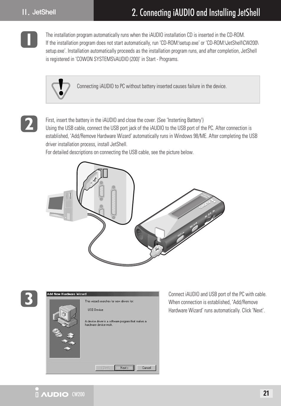 Connecting iaudio and installing jetshell | Cowon Systems CW200 User Manual | Page 21 / 44