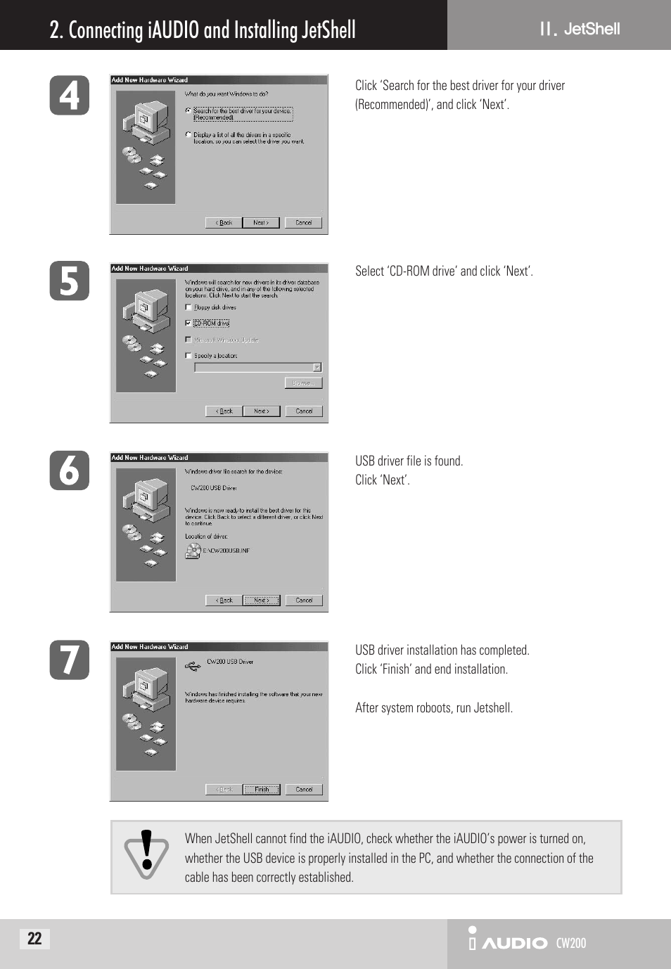 Connecting iaudio and installing jetshell | Cowon Systems CW200 User Manual | Page 22 / 44