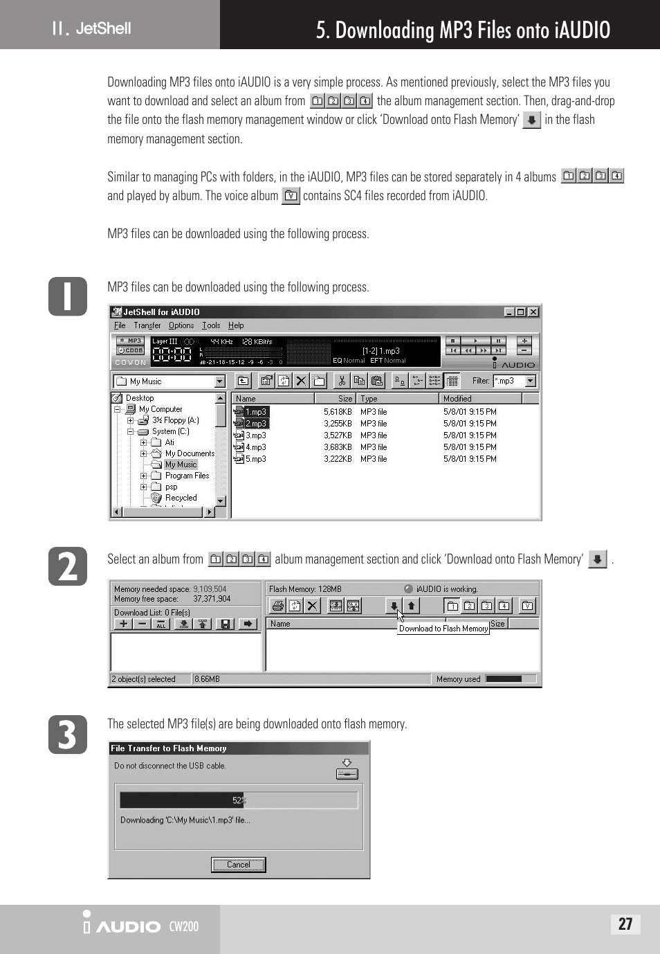 Downloading mp3 files onto iaudio | Cowon Systems CW200 User Manual | Page 27 / 44