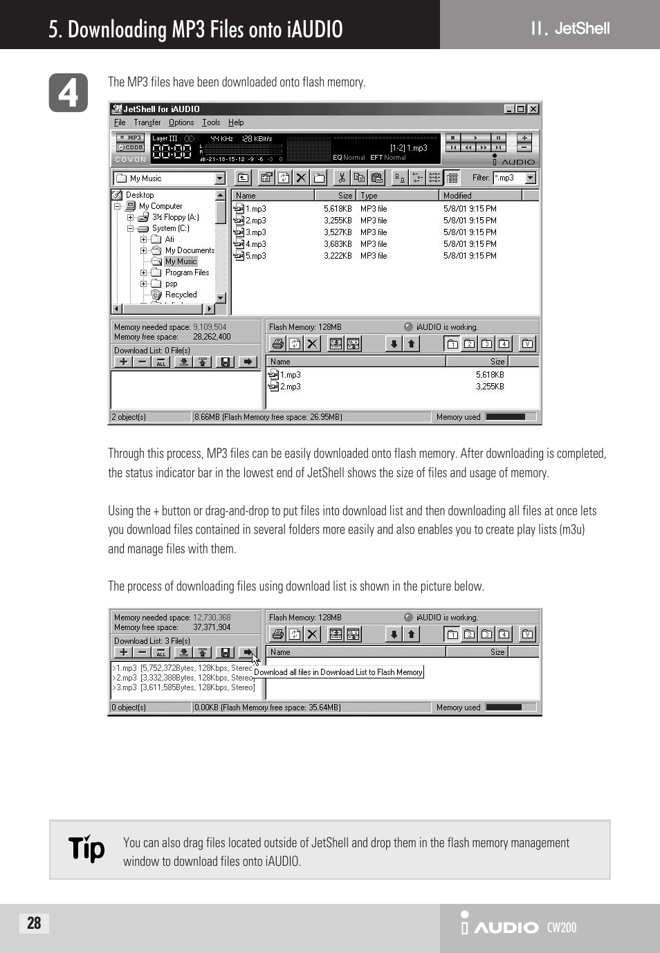 Downloading mp3 files onto iaudio | Cowon Systems CW200 User Manual | Page 28 / 44