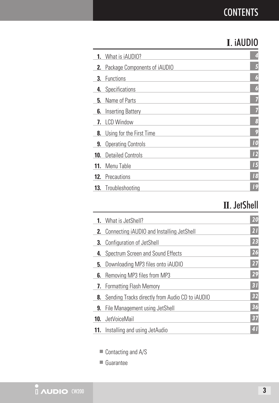 Contents i . iaudio ii . jetshell | Cowon Systems CW200 User Manual | Page 3 / 44