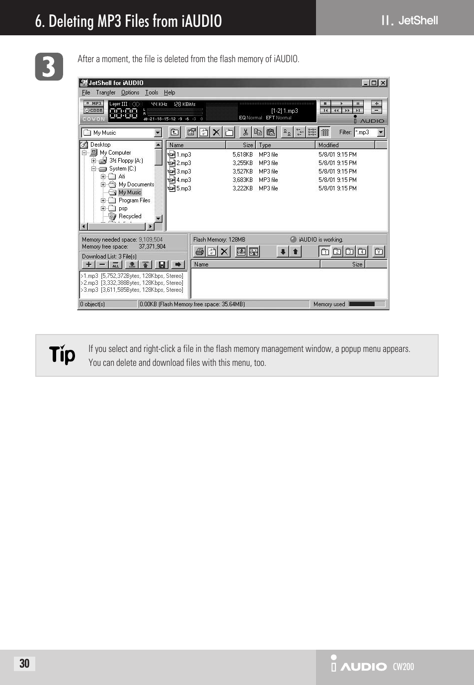 Deleting mp3 files from iaudio | Cowon Systems CW200 User Manual | Page 30 / 44