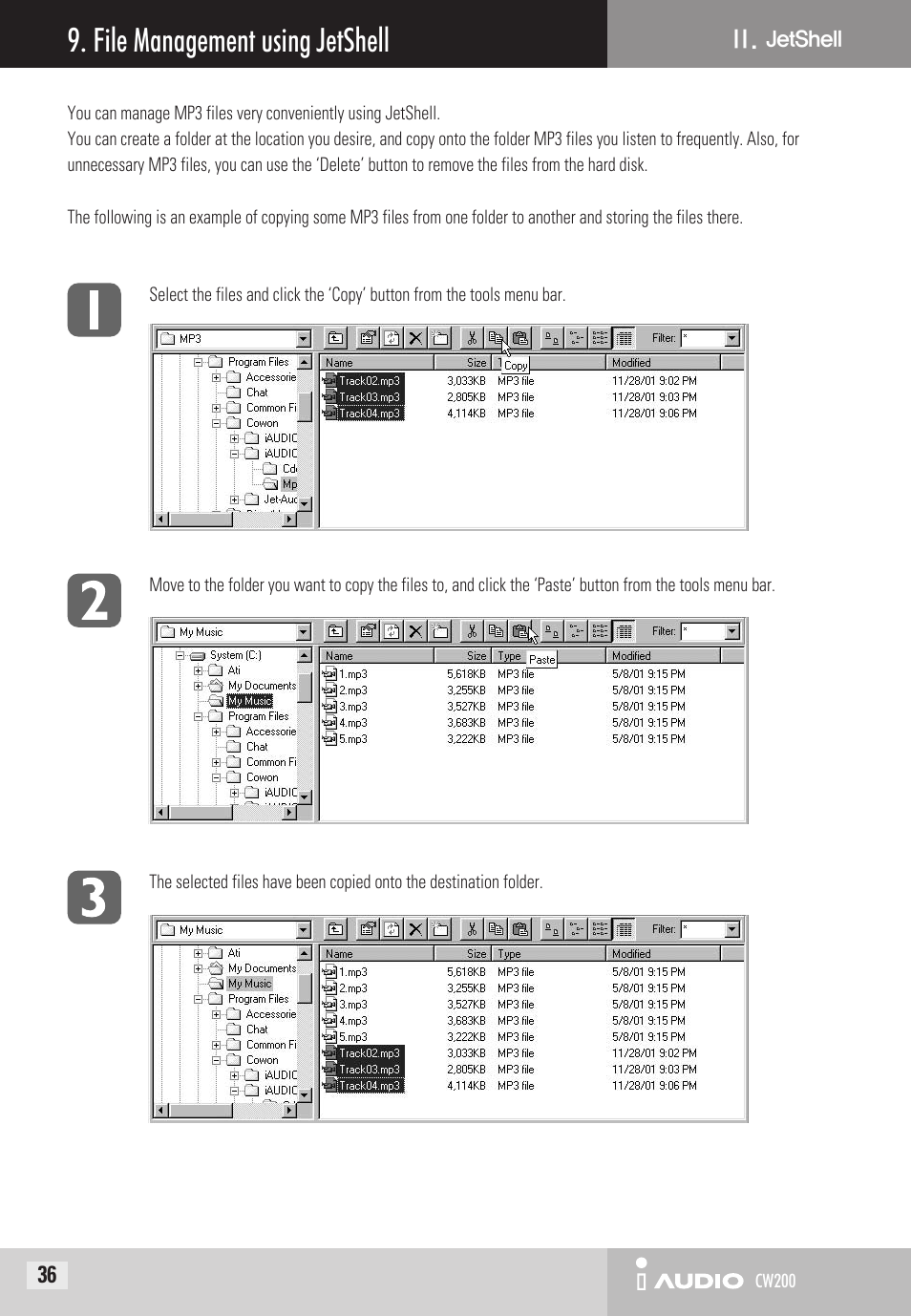 File management using jetshell | Cowon Systems CW200 User Manual | Page 36 / 44
