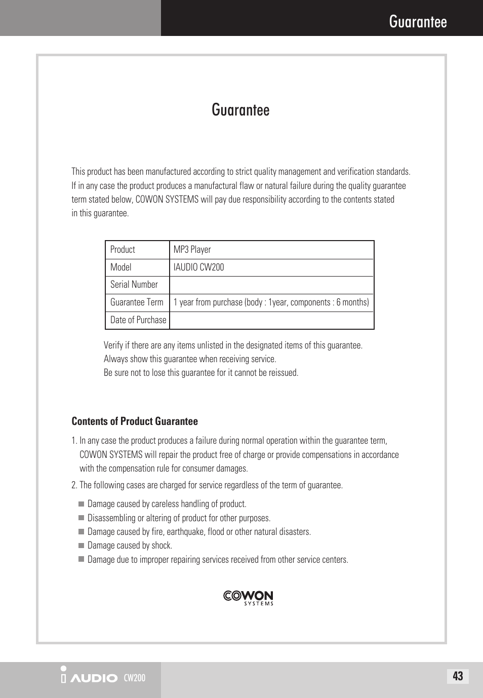 Guarantee | Cowon Systems CW200 User Manual | Page 43 / 44