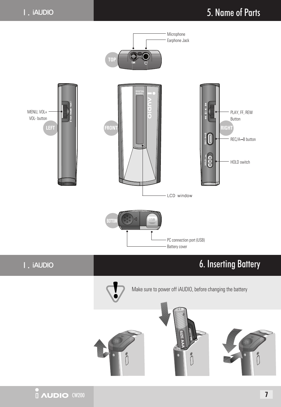 Name of parts, Inserting battery | Cowon Systems CW200 User Manual | Page 7 / 44