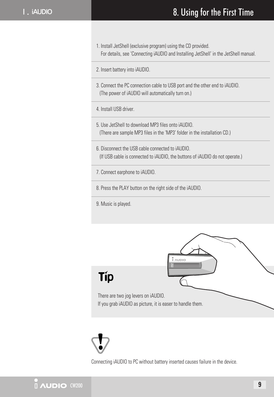 Using for the first time | Cowon Systems CW200 User Manual | Page 9 / 44