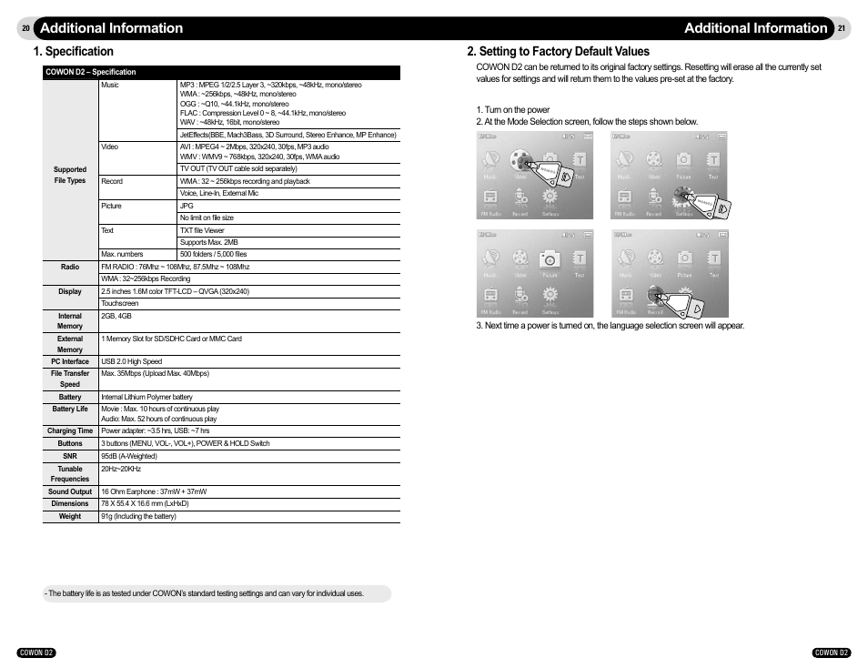 Additional information, Speciﬁcation, Setting to factory default values | Cowon Systems D2 User Manual | Page 11 / 17