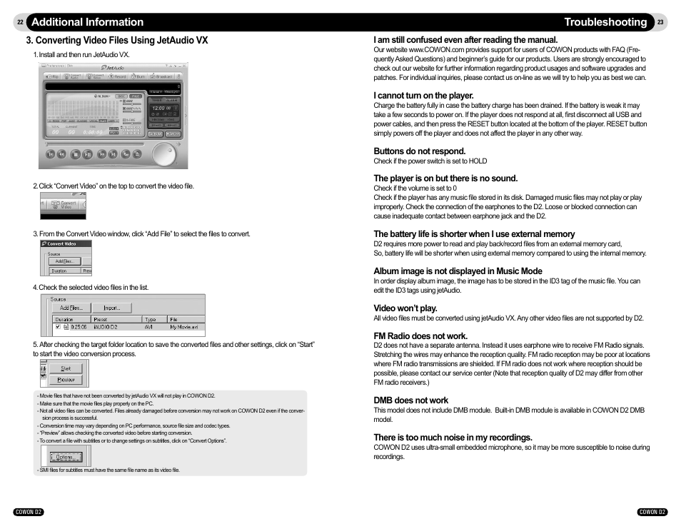 Troubleshooting additional information, Converting video files using jetaudio vx | Cowon Systems D2 User Manual | Page 12 / 17