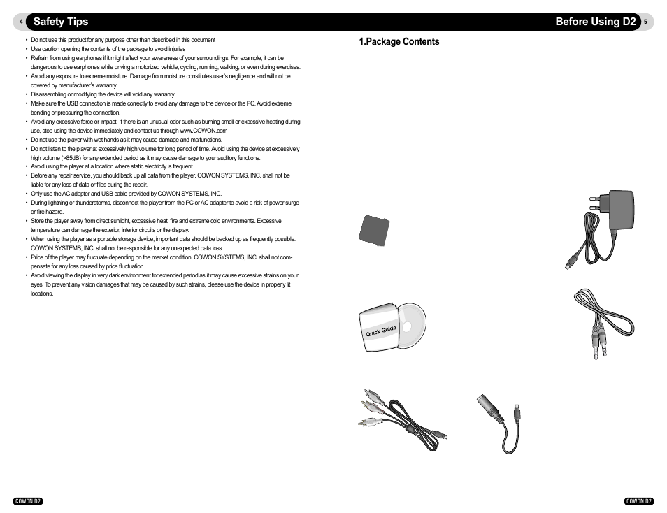 Before using d2 safety tips, Package contents | Cowon Systems D2 User Manual | Page 3 / 17
