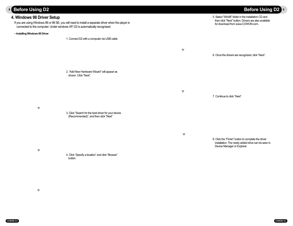 Before using d2, Windows 98 driver setup | Cowon Systems D2 User Manual | Page 5 / 17