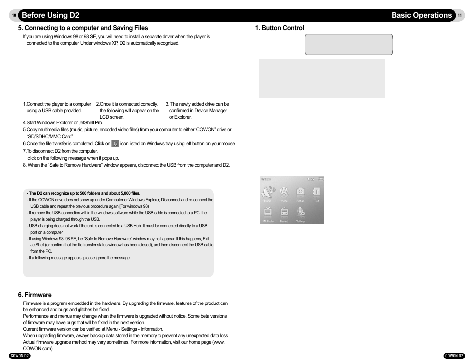 Basic operations before using d2, Connecting to a computer and saving files, Firmware | Button control | Cowon Systems D2 User Manual | Page 6 / 17