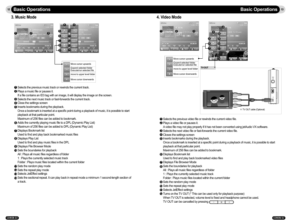 Basic operations, Music mode, Video mode | Cowon Systems D2 User Manual | Page 7 / 17