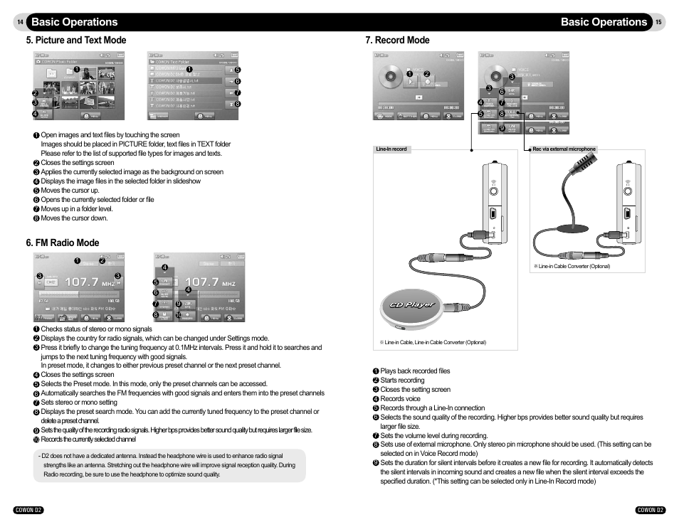 Basic operations, Fm radio mode, Picture and text mode | Record mode | Cowon Systems D2 User Manual | Page 8 / 17