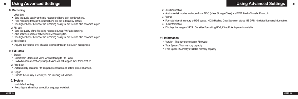 Using advanced settings, Recording 9. fm radio, System | Information | Cowon Systems U5 User Manual | Page 18 / 21