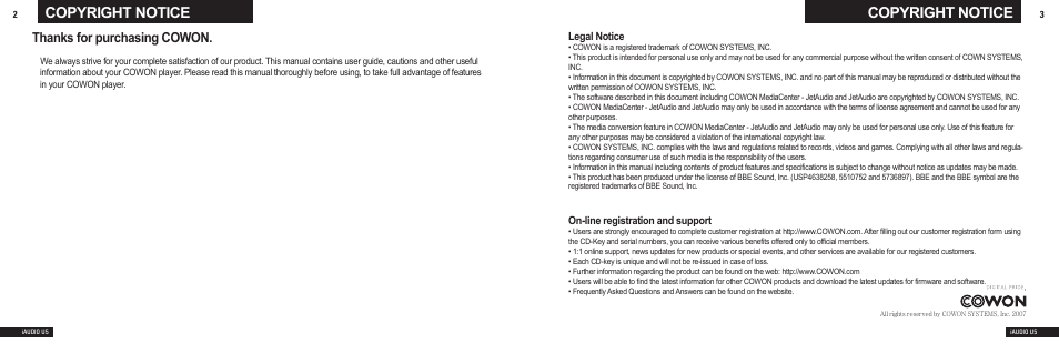 Copyright notice | Cowon Systems U5 User Manual | Page 2 / 21