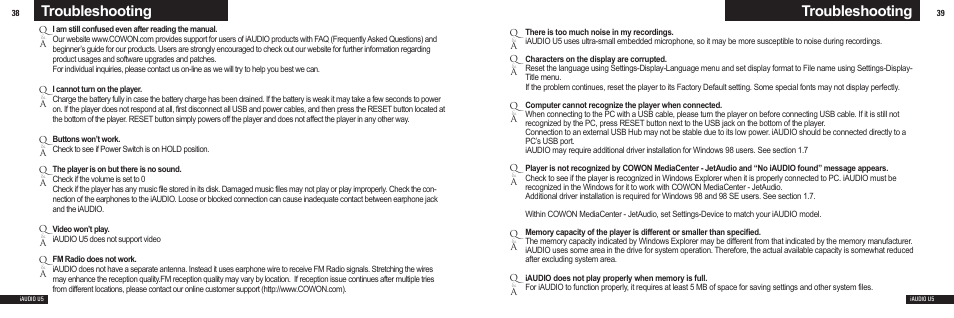 Troubleshooting | Cowon Systems U5 User Manual | Page 20 / 21