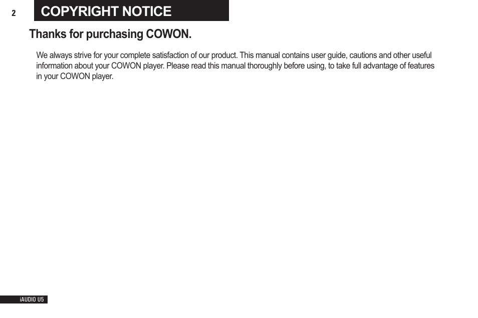 Copyright notice | Cowon Systems iAUDIO U5 User Manual | Page 2 / 40