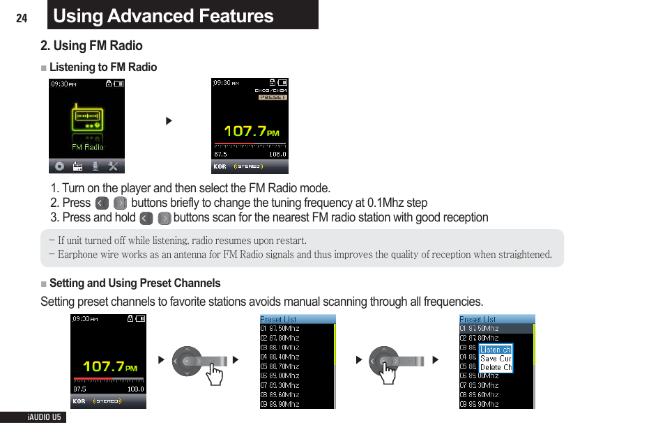 Using advanced features | Cowon Systems iAUDIO U5 User Manual | Page 24 / 40