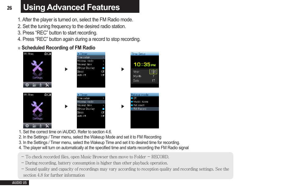 Using advanced features, Timer | Cowon Systems iAUDIO U5 User Manual | Page 26 / 40