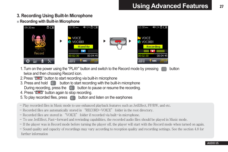 Using advanced features | Cowon Systems iAUDIO U5 User Manual | Page 27 / 40