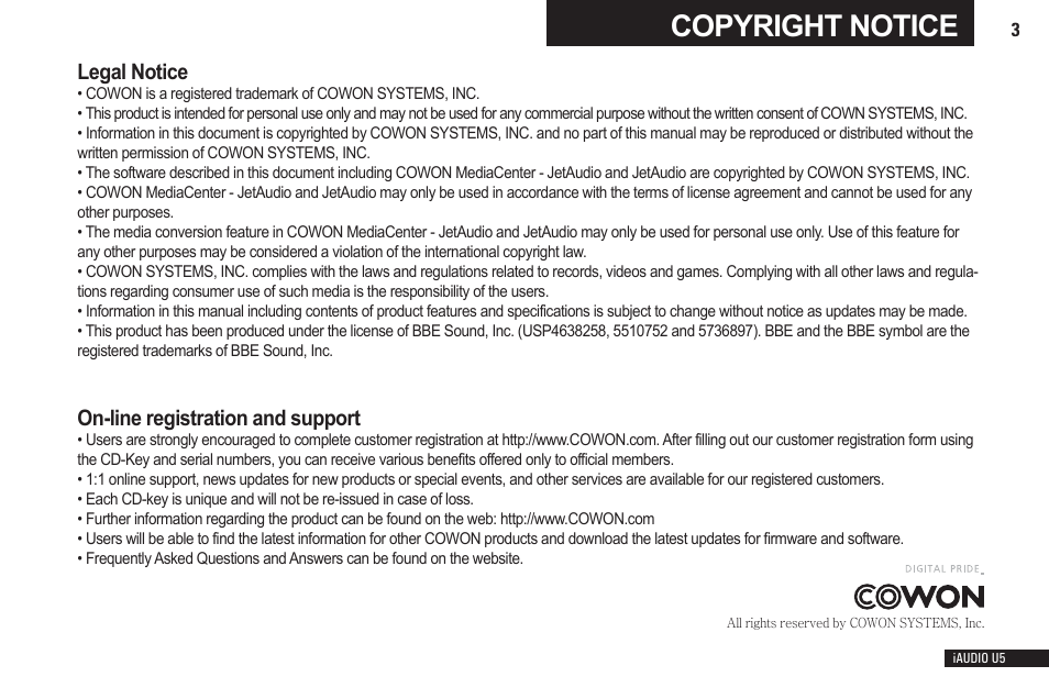Copyright notice | Cowon Systems iAUDIO U5 User Manual | Page 3 / 40