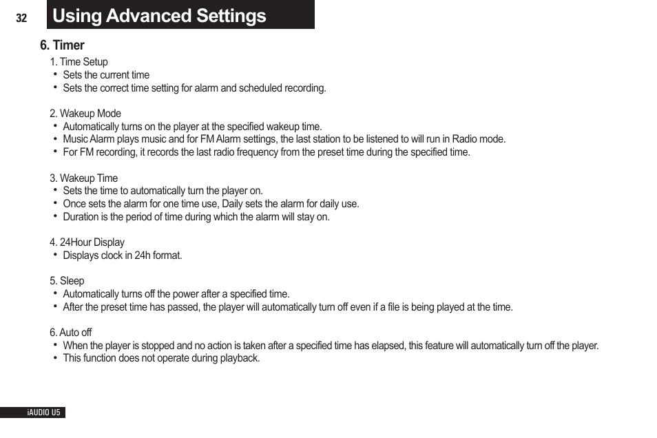 Using advanced settings, Timer | Cowon Systems iAUDIO U5 User Manual | Page 32 / 40