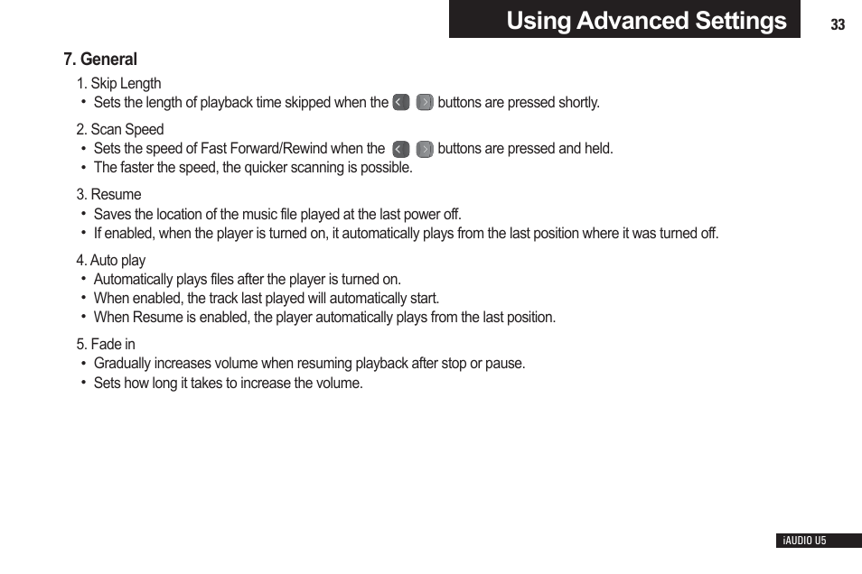 Using advanced settings, General | Cowon Systems iAUDIO U5 User Manual | Page 33 / 40