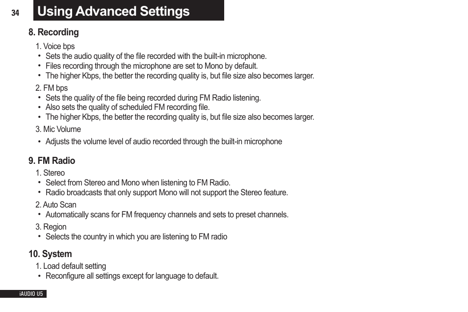 Using advanced settings, Recording 9. fm radio, System | Cowon Systems iAUDIO U5 User Manual | Page 34 / 40