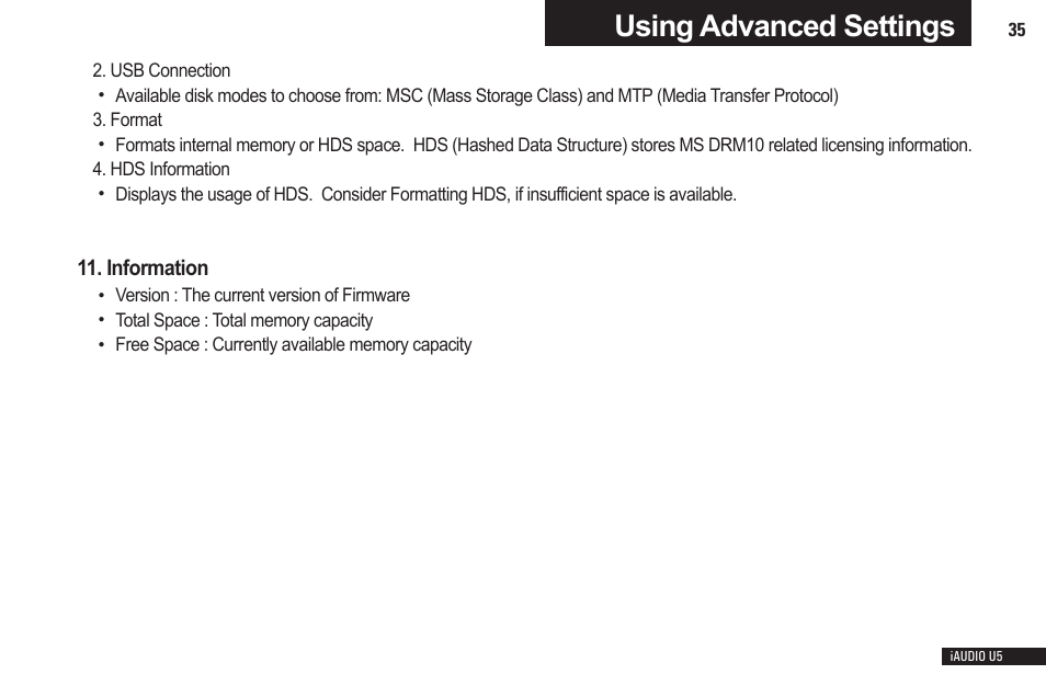 Using advanced settings, Information | Cowon Systems iAUDIO U5 User Manual | Page 35 / 40
